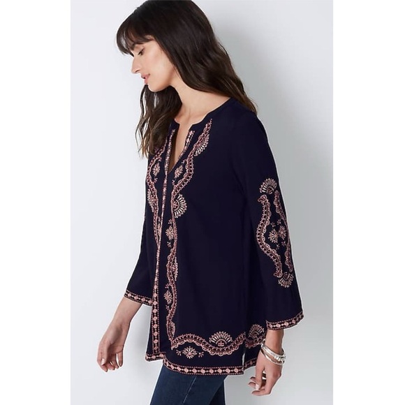 J.Jill Petite S Black Pink Embroidered Bell Sleeve Boho Tunic Top India - Picture 10 of 10